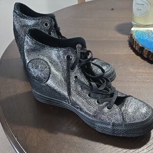 Converse Women's Sparkling High-Top Sneakers - Silver Wedge/Lift Heel. Size 9